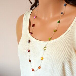 Long Rainbow Gemstone and Pearl Necklace in Sterling Silver